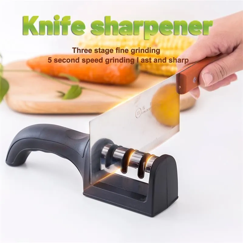 Sharpeners Kitchen 3 Segment Knife Sharpener Household Multi Functional Hand Held Three Purpose Black Sharpening Stone 230831