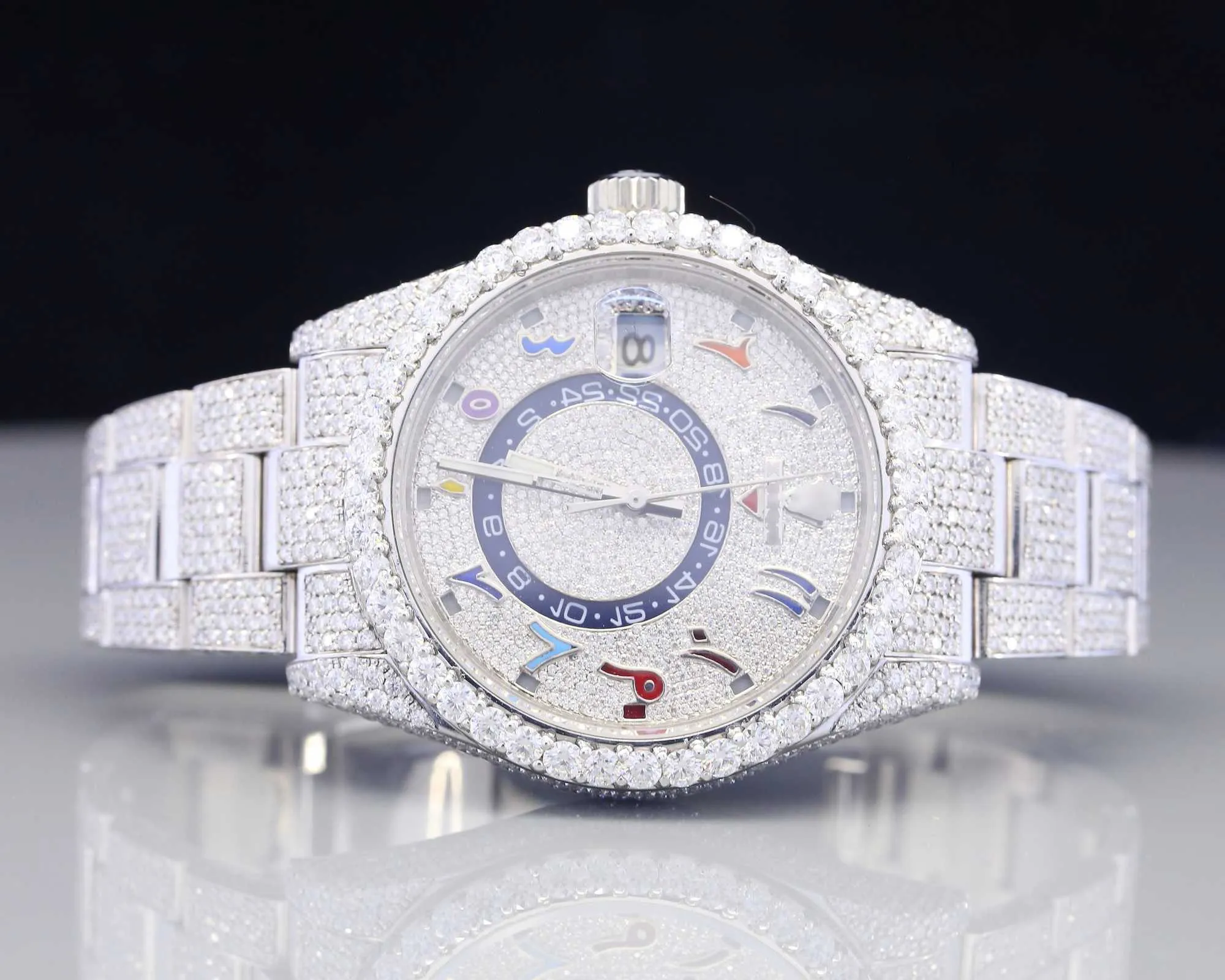 KB74 VVS Moissanite Diamond lodowany Zegarek okrągły arabski rozkłada luksusowy popiers