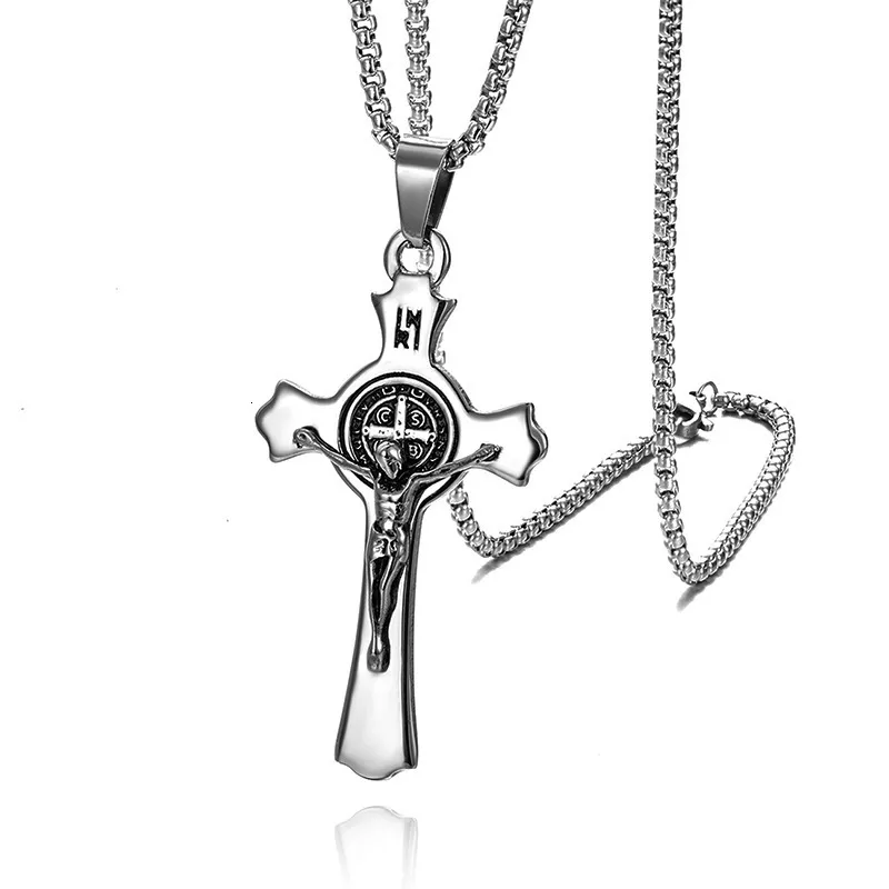 Pendant Necklaces Punk Stainless Steel St Benedict Medal Holy Jesus INRI Cross Wall Crucifix Pendant Necklaces for Men Catholic Jewelry CSSML 230831