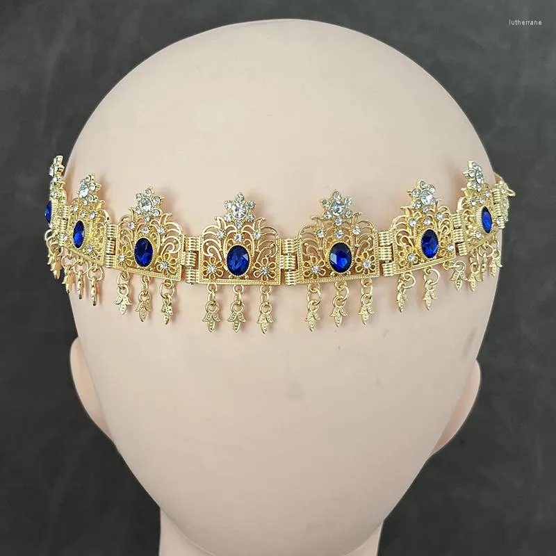 Hårklipp algeriska marockanska brudpannan smyckekedja Guldpläterad blå kristallbröllopstillbehör Mellanöstern Lyxiga hårkläder