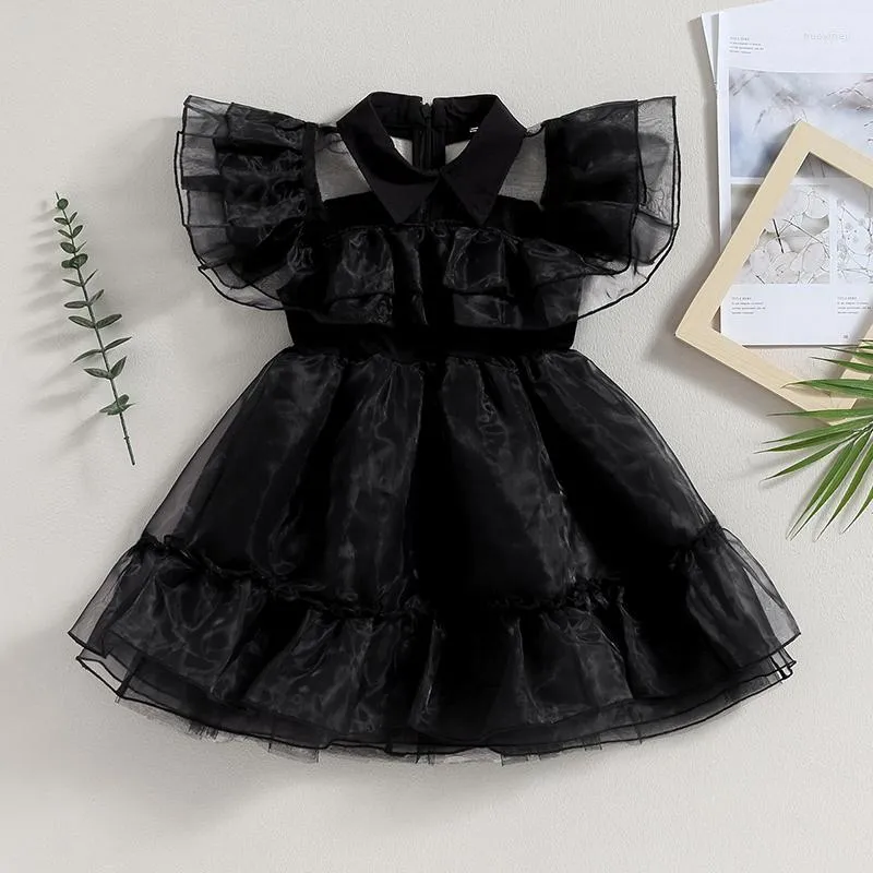 Vestidos de menina crianças meninas fantasia de halloween moda simples preto manga voadora gola virada para baixo vestido de princesa de malha casual roupas infantis