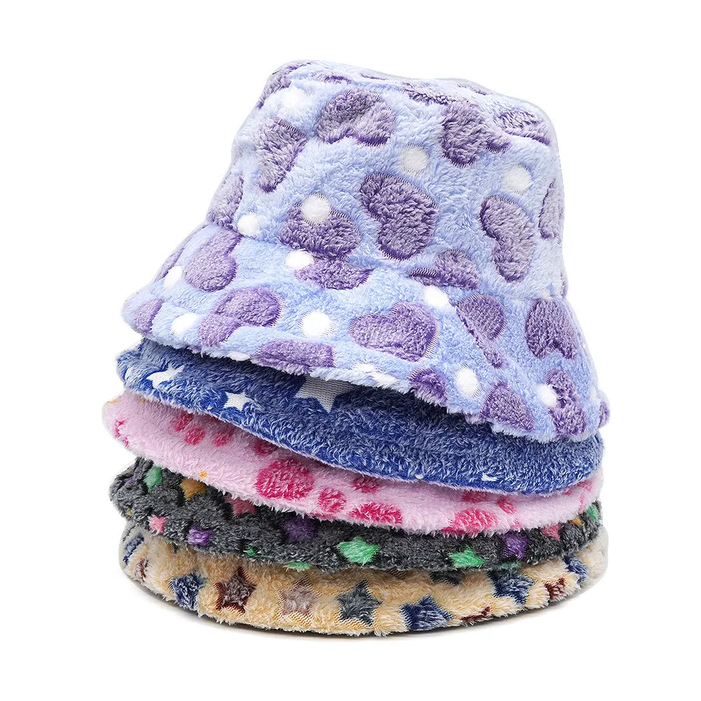 Wide Brim Hats Bucket Hats Women Winter Faux Wool Bucket Hat Strar Heart Printed Wide Brim Warm Panama Fisherman Cap 230831