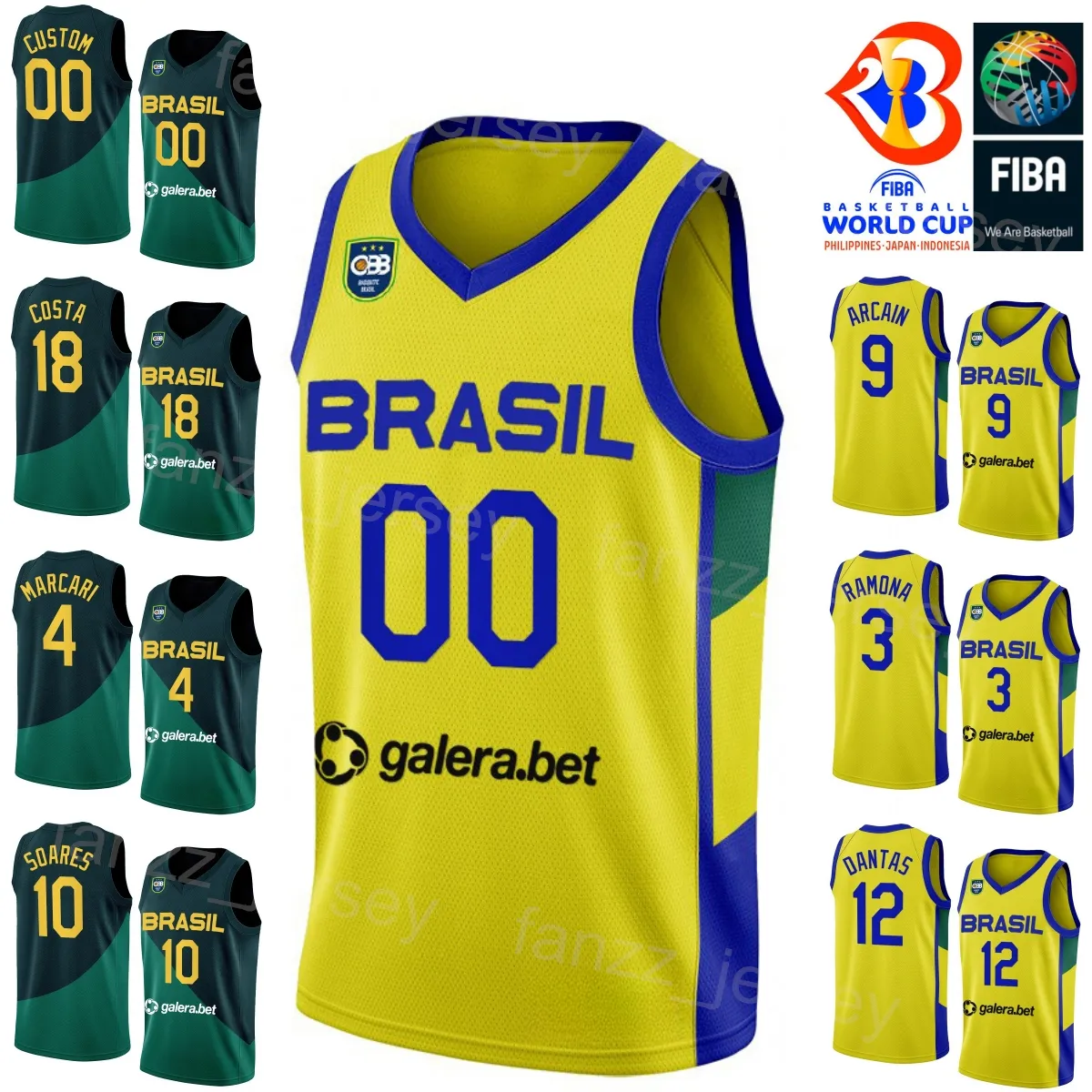 Printed World Cup Brasil Basketball Jersey Brazils 11 GUI SANTOS 9 Marcelinho HUERTAS 8 Vitor BENITE 6 CRISTIANO FELICIO 19 Leandro Barbosa 11 Anderson Varejao