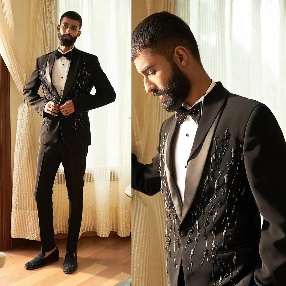 Deisgn Wedding Tuxedos 2 штуки Шани Лацэл Один Кнопкие Корматы SpeSical Appliques Настройка брюк для покрытий модные формальные выпускные вечера адаптированные изысканные