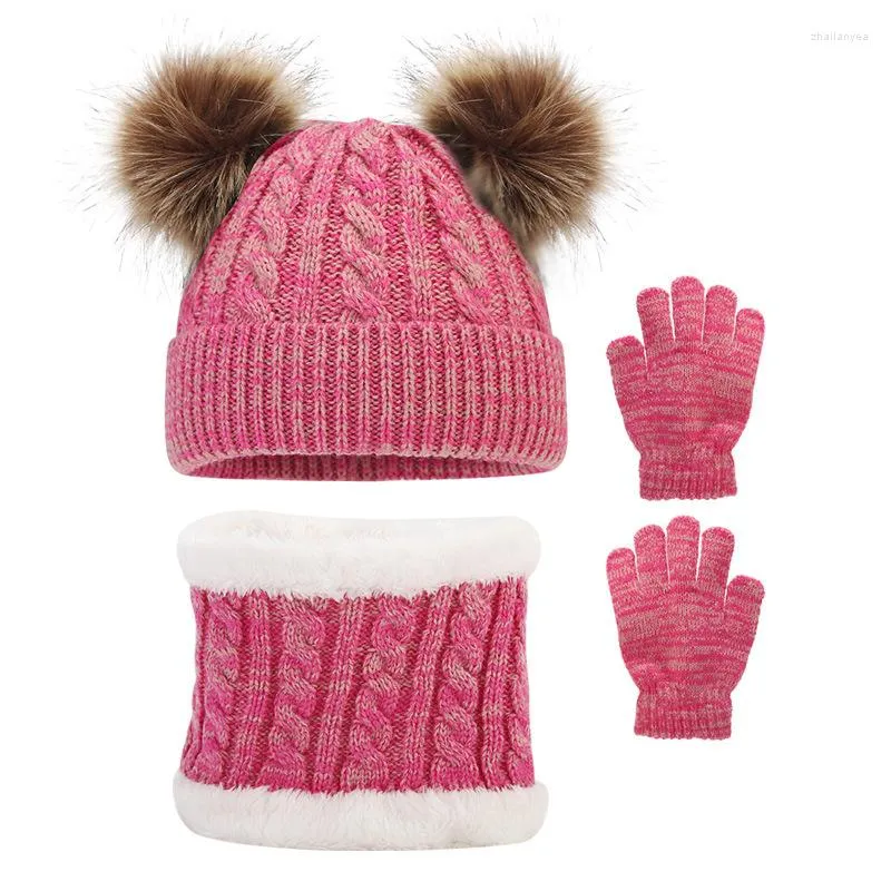 Basker 3pc varma spädbarnstillbehör solid färg småbarn motorhuven pompom stickade hattar baby hatt halsduk handskar set utomhus söt vinter 2-6y