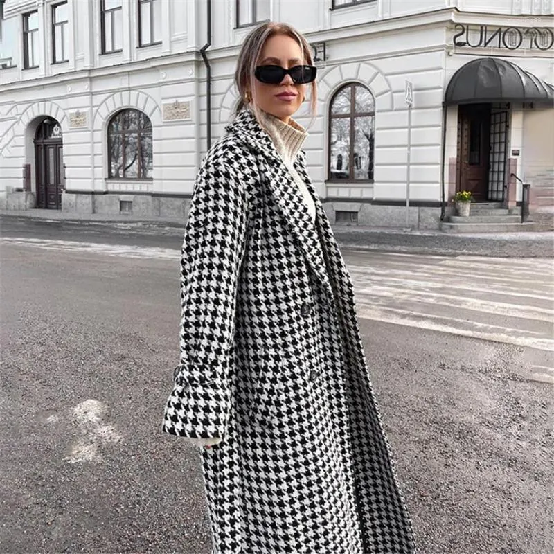 Women s Houndstooth Print Trench Coat Long Double Breasted Black White Plaid Winter Coat Polyester Elegant High Street Style 2024