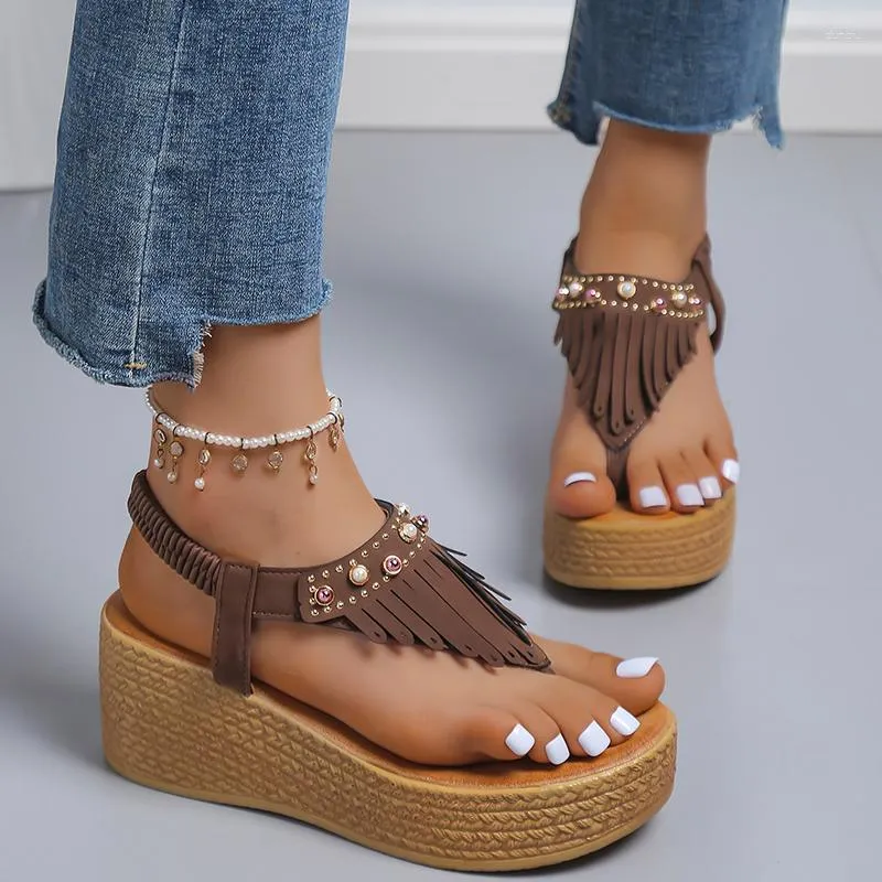 Women's Wedge Sandals Platform Pearl Fashion Summer Pinch Toe Fringe Chunky Sandal Strap Non-Slip Roman Shoes 595