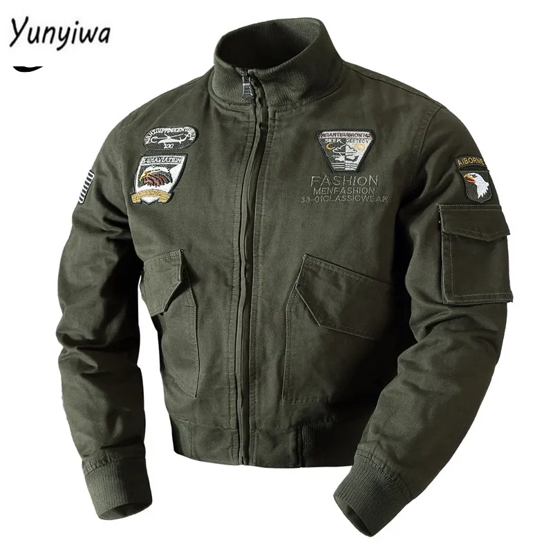 Jaquetas masculinas Bomber Stand Collar Moda Bordado Impressão Solta Zipper Jaqueta Masculino Exército Militar Verde Outono Inverno Casaco Sólido 230831
