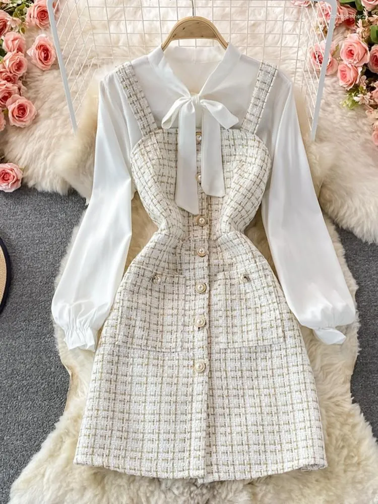 Work Dresses 2023 Autumn Small Fragrant Style Celebrity Temperament Bow Tie Up Shirt And Plaid Strap Tweed Dress High Quality Two Piece Set