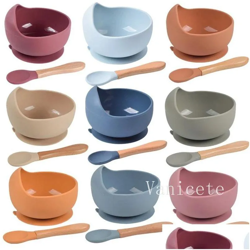 Serviessets Creatief Eenvoudig Baby Kinder Sile Bowls Lepels Vorken 3-delige set Kom Lepel Vork met houten handvat T9I002157 Drop Delive Dhulk