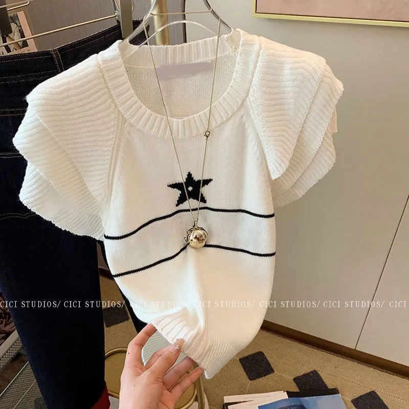 Kvinnors tröjor 2023 Summer Star Embroidery Casual Pullovers For Women Korean Fashion Ruffles Sticked Short Herme Tshirt Vintage tröja 230831