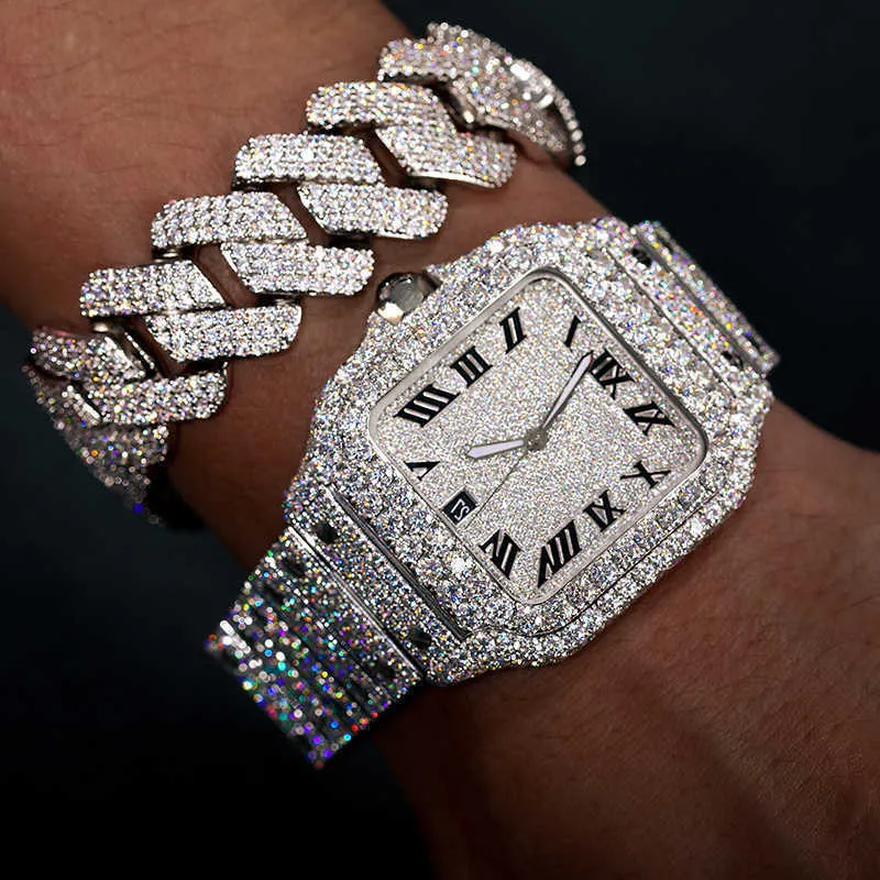 Montre-bracelet de luxe plaquée or glacé, en argent Sterling 925, VVS, diamant Moissanite, Hip Hop, à Quartz, pour hommes, LH59YJUC