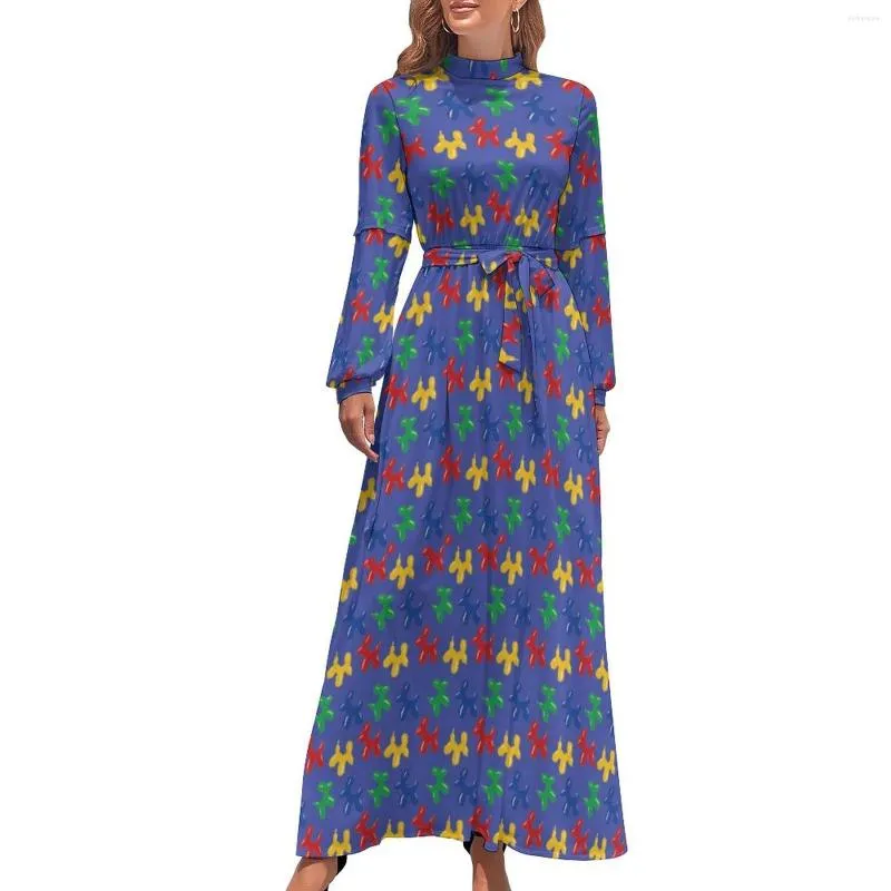 Custom Colorful Dog Balloon dress - High Neck, Long Sleeve, Casual Beach Maxi for Streetwear and Cute Fashion