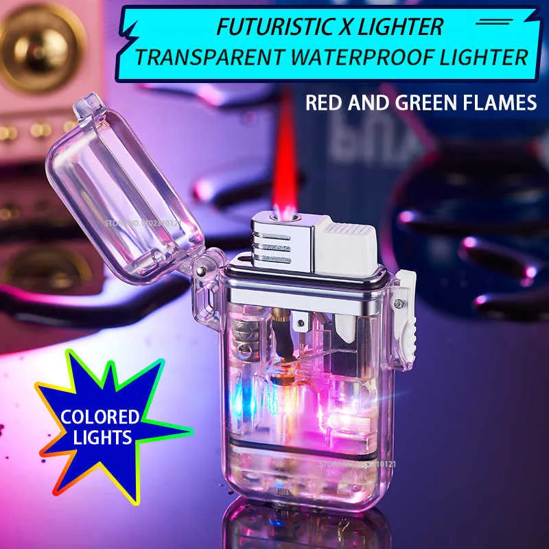 Transparent Windproof Waterproof Butane No Gas Lighter LED Lighting Red And Green Flame Colored Light Smoking Accessories Gadgets K1UB