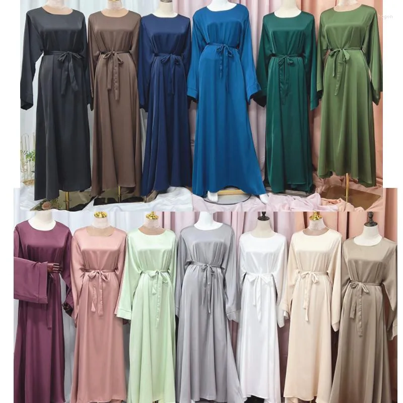 Vêtements ethniques Femmes Été Automne Robe Dubaï Turquie Basic Abaya Col Rond Maxi Robe Eid Ramadan Silky Kaftan Mutli-couleur Islamique