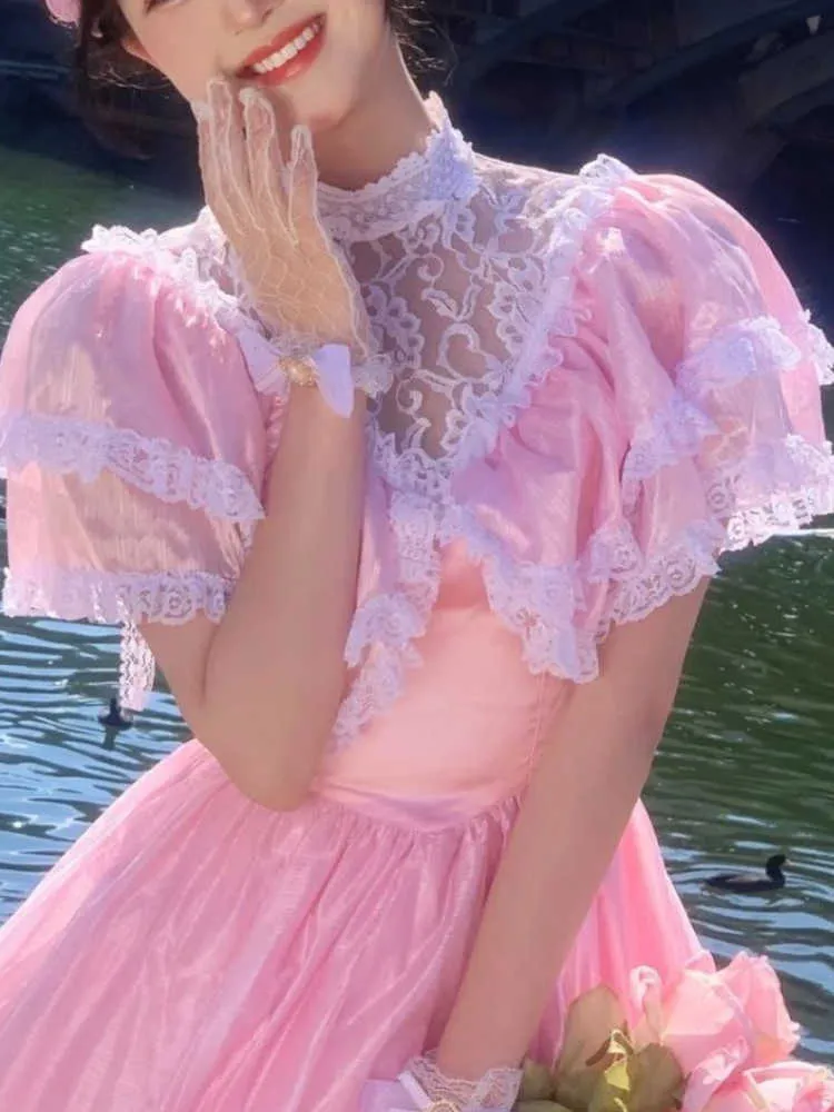 Sweet Pink Kawaii Lace Dress Vintage French Style, Elegant Long Gown for  Evening Party, Wedding, Fairy Princess Summer Dress