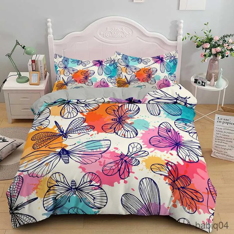 Ensembles de literie Ensembles de literie papillon coloré Queen/King Size PCS ensemble de housse de couette housses de couette à imprimé insecte avec étui R230901