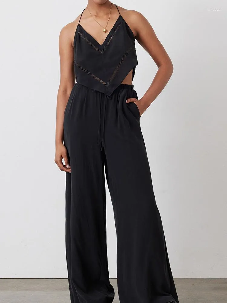 Kvinnors sömnkläder Linad Black Pyjamas för kvinnor 2 -stycken uppsättningar Sexig spaghetti Strap V Neck Crop Top Casual Female Trouser Suits Loose