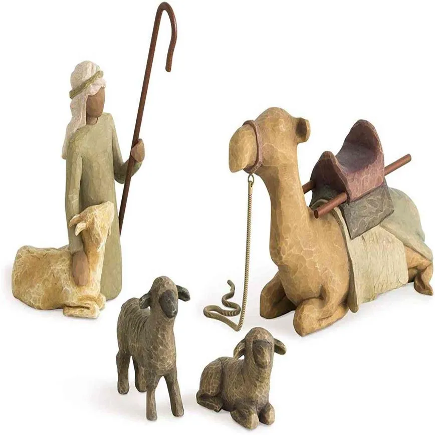 Salgueiro pastor e animal estável esculpido pintado à mão boneco de nascimento de Jesus conjunto de 4 peças H1106287B