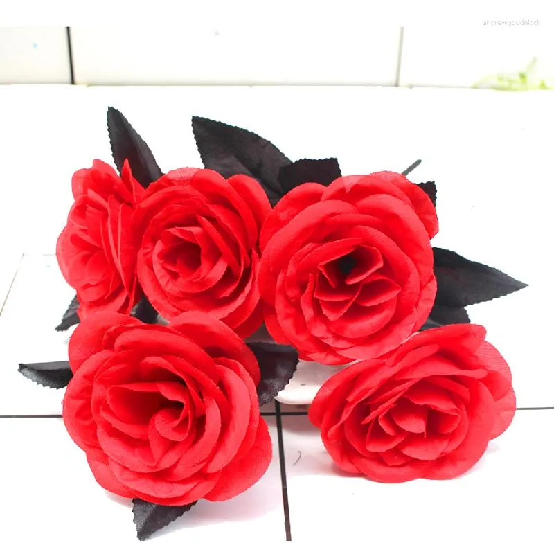 Flores de casamento 5 cabeças buquê de rosas artificiais falso gótico dia das bruxas preto dia dos namorados planta prática decorações para casa 35cm