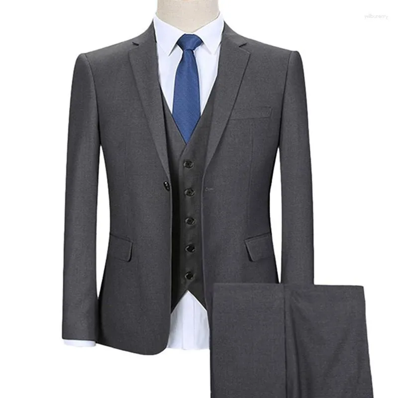 Herenpakken Donkergrijs Business Mannen Slim Fit 3 Stuk Klassieke Bruiloft Bruidegom Tuxedo Mannelijke Mode Kleding Set Jas met Broek Vest