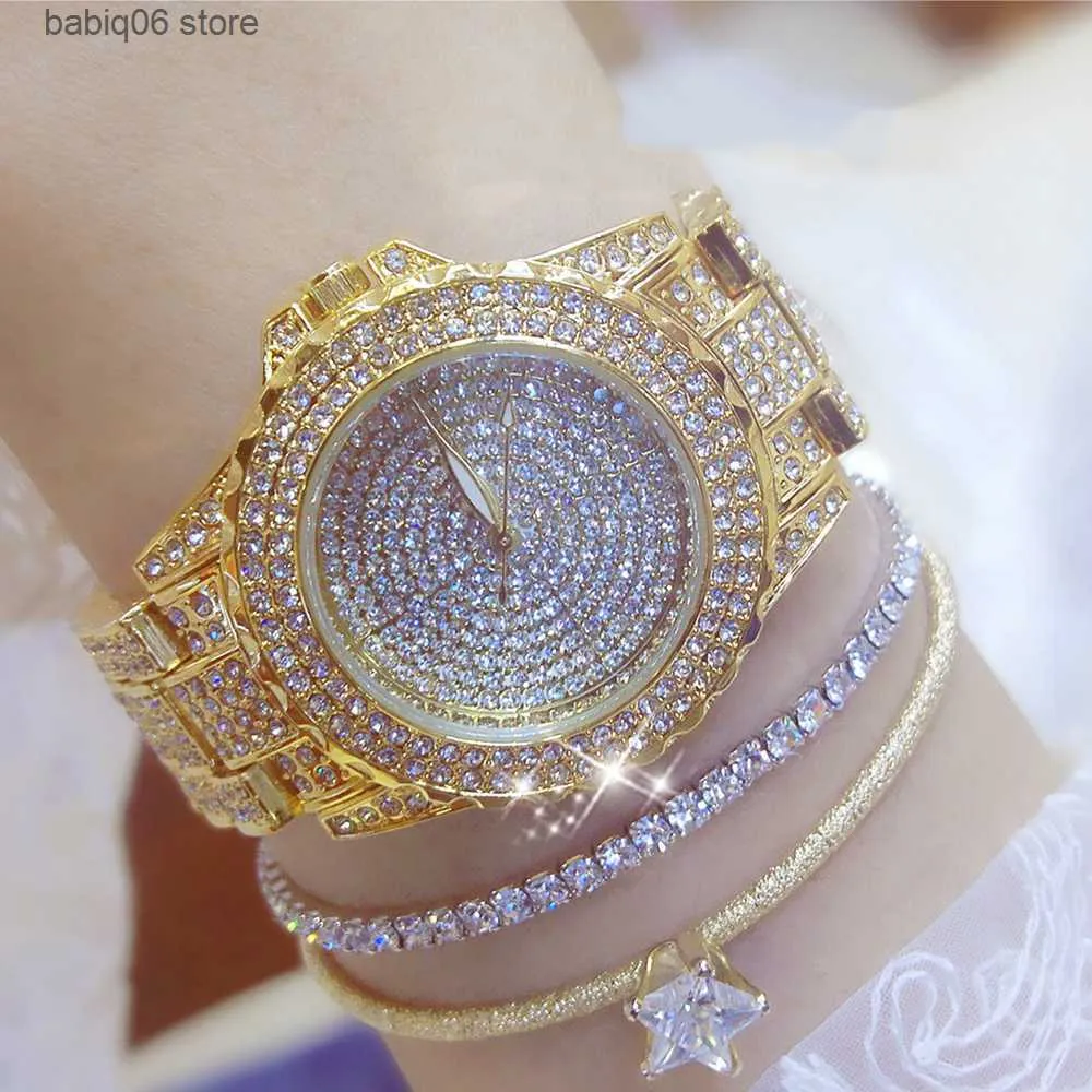 その他の時計女性ES Luxury High Quality Gold Full Diamond Ladies Bracelet Quartz Wristes Crystal Rhinestone Memale Clock T230905