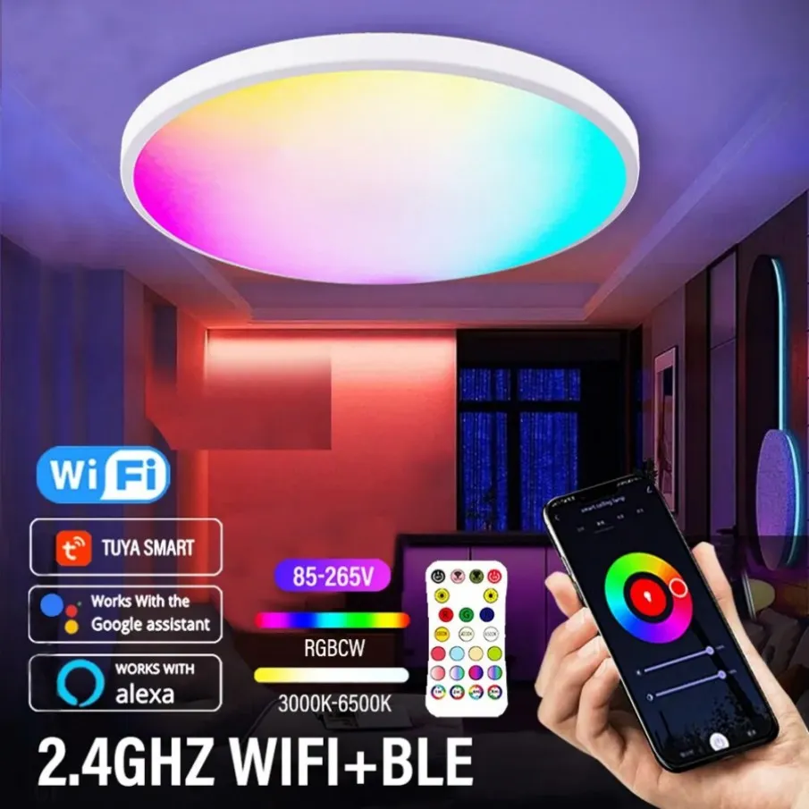 ذكية WiFi LED LED Round Ceiling Light RGBCW Dimmable Tuya App متوافق مع Livingroom Decoration مصباح ذكي لـ Alexa Google Home