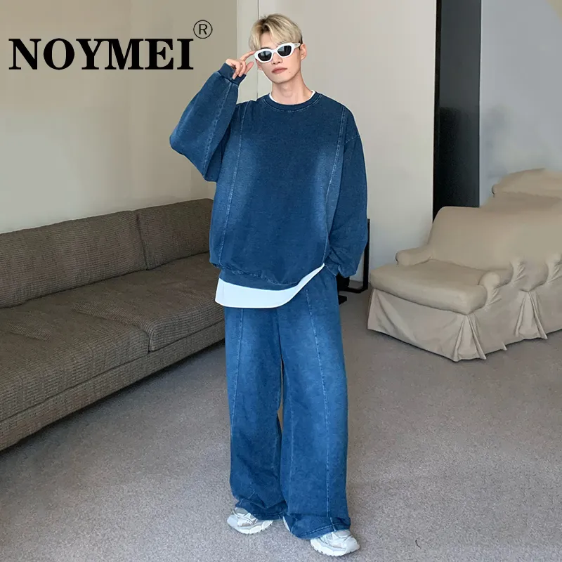 Men's Tracksuits NOYMEI Men's Trouser Set Korean Style Washed Denim Sweatshirt Two Piece Autumn Casual Suits Straight Baggy Pants WA2739 230831