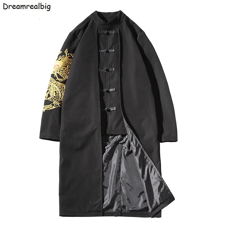 Men's Trench Coats Golden Dragon Embroidery Men Coat Stand Collar Frog Clre Single Breasted Spring Autumn Long Style Black Jacket 230831