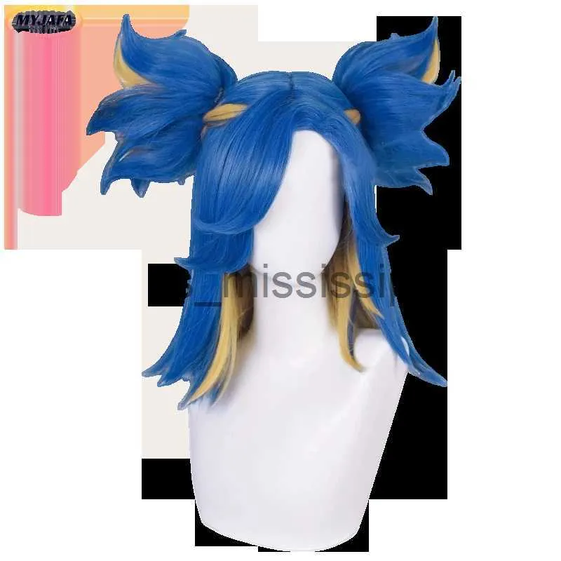 Parrucche Cosplay Gioco Valorant Neon Parrucca Cosplay Corta Blu Mix Bionda con 2 Code di cavallo Clip Capelli sintetici resistenti al calore Parrucche per giochi di ruolo Protezione per parrucca x0901