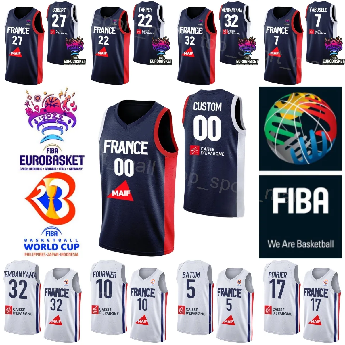 Gedrucktes Frankreich-Basketballtrikot, Weltmeisterschaft 32, Victor Wembanyama, 10 Evan Fournier, 5 Nicolas Batum, Joel Embiid, 21 Rudy Gobert, 27, 77 Damien INGLIS, 12 NANDO DE COLO