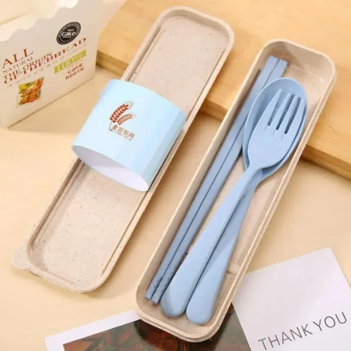 Exquisite Health Environmental Wheat Platycodon Straw Cutlery Set Portable Camping Tablewarel Spoon Fork Chopsticks Custom Logo LX3963