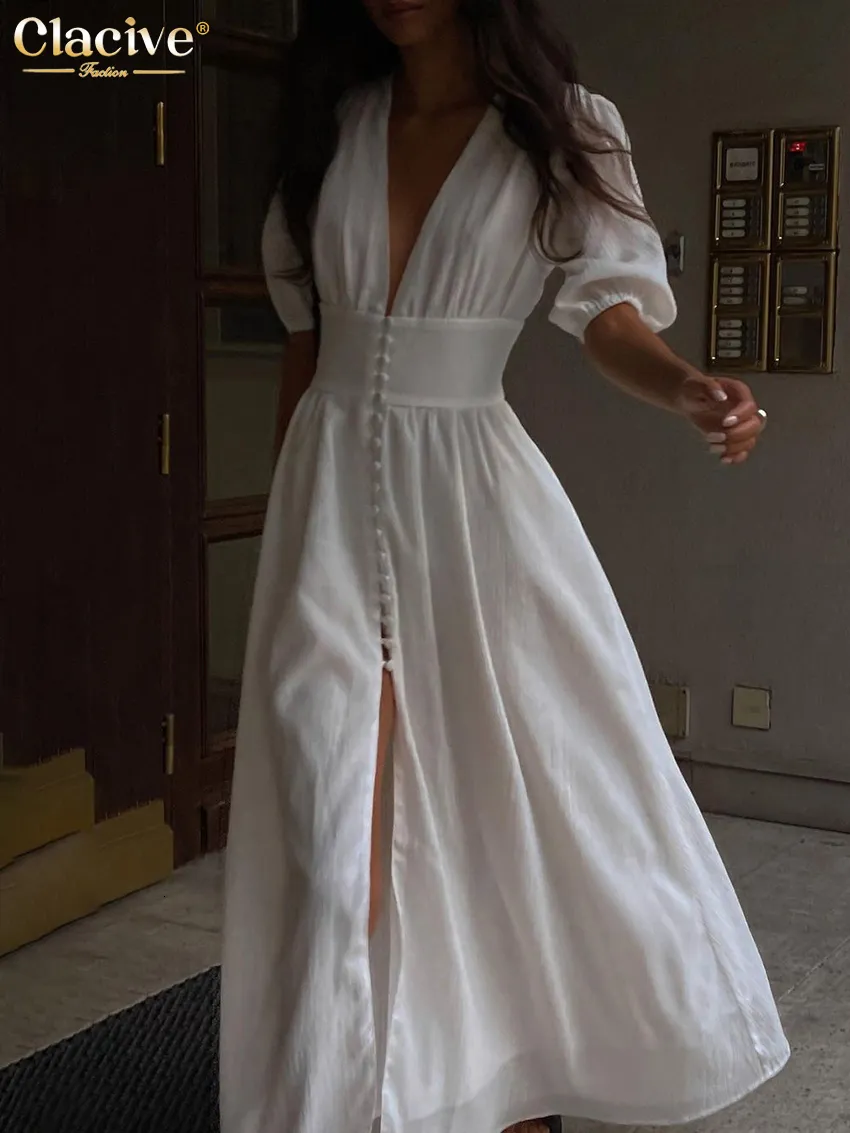Grundläggande casual klänningar ClaceVe White Sexig enkelbröst kvinnoklänning Elegant kortärmad V-Neck Party Dresses Lady Slim Midi Dress 230831