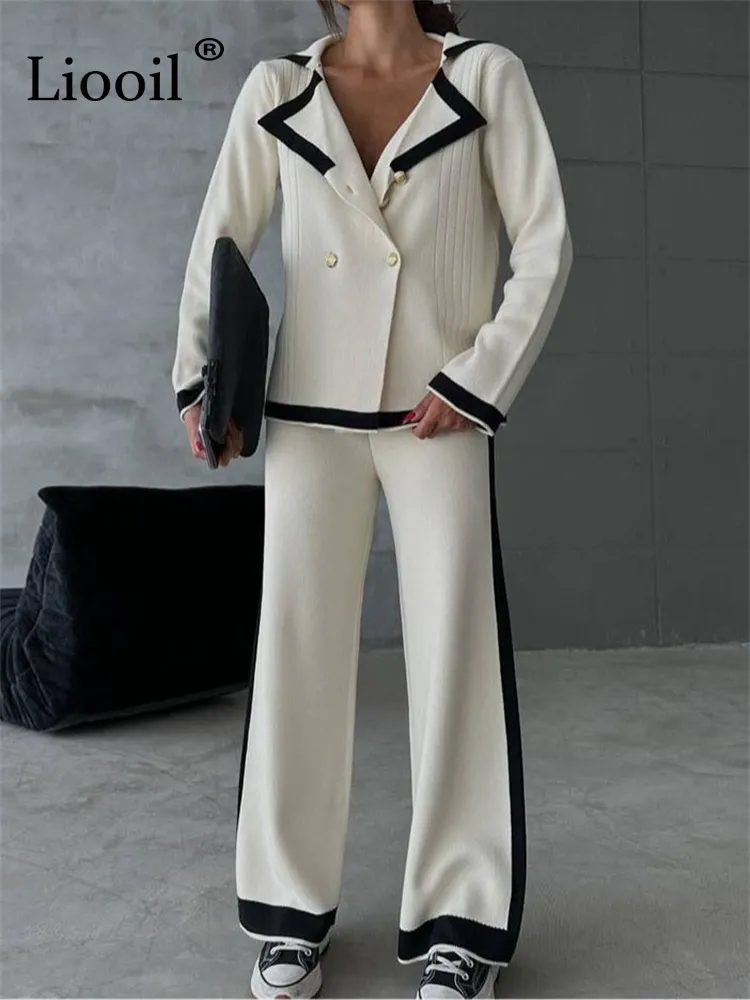 Dwuczęściowe spodnie dla kobiet blok kolorowy czarny biały dwuczęściowy dzianinowy Sweter SWETER SEKSOWY SEKSOWY BUTAN UP Cardigan Coats and Spods High Tase Women Sweters Zestawy 230831