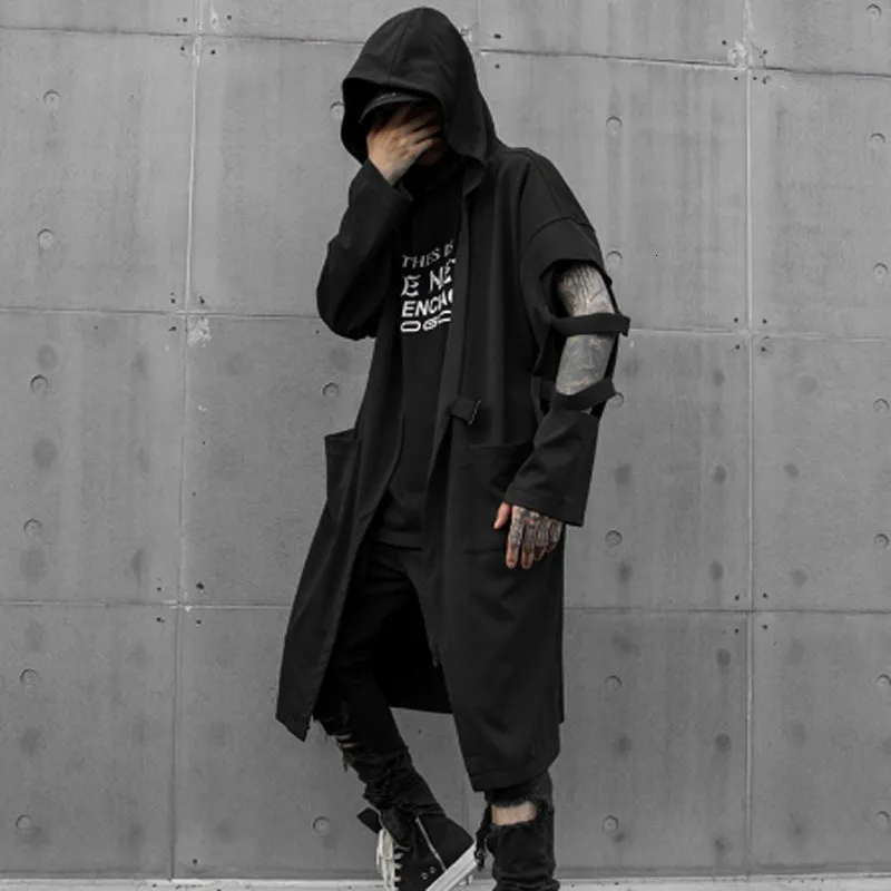 Trenchs pour hommes Drop masculino manga comprida oco out punk hip hop com capuz trench coat cinto homem casaco longo 230831