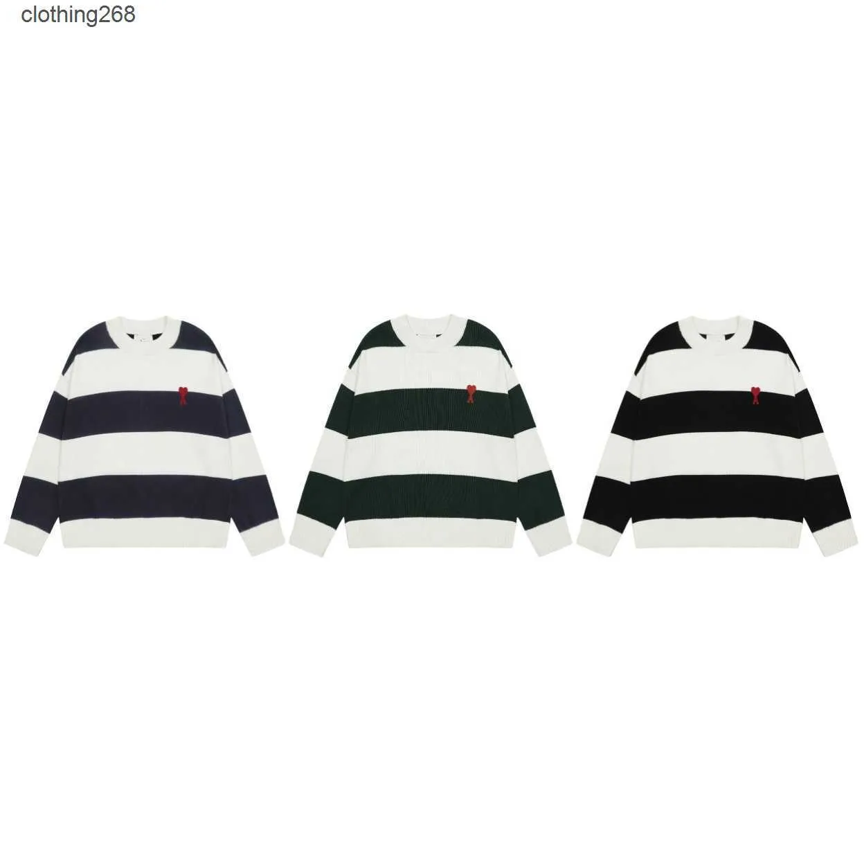amis Unisex 23 Autumn/Winter New Embroidery Little Love Stripe Round Neck Pullover Knitted Long Sleeve Loose Top
