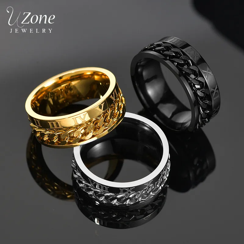 Wedding Rings Uzone Punk Roman Numbers Spinner Gold Color Stainless Steel Rotatable Chain Ring For Men Boys Birthday Party Gift Anillos 230831