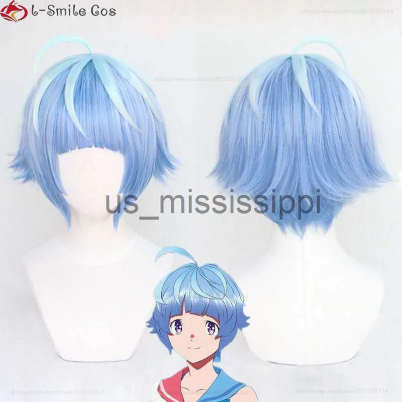 Cosplay peruks högkvalitativ anime bubbla uta cosplay peruk kort 30 cm blå gradient värmebeständig syntetisk hår halloween party peruk peruk cap x0901