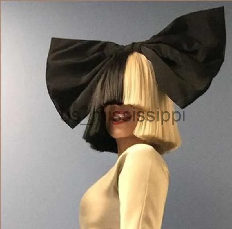 Cosplay Perücken Hihg Qualität SIA Perücke Halb Schwarz Halb Blonde Bob Hitzebeständige Synthetische Haar Cosplay Perücken Perücke Kappe Große bowknots x0901