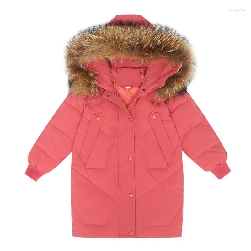 Down Coat Winter Kids Girls Barn Barn Kläder Långt 90% Duck Dwon Jacket Tunika Kläder Faux Päls snöar Ytterkläder Överrock