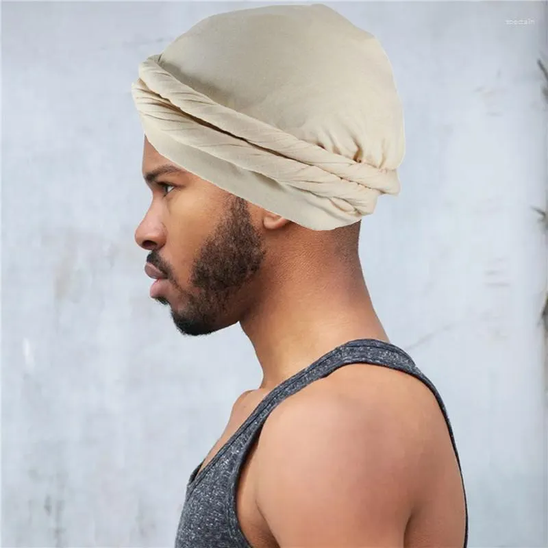 Basker turban dug för män satin siden fodrad elastisk huvud wrap halsduk långa remmar