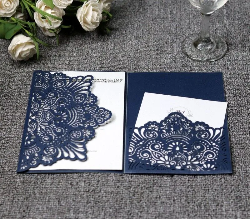 High Quality Laser Cut Hollow Flower Navy Blue Wedding Invitations Cards with Crystal Personalized Champagne Bridal Invitation Card Cheap