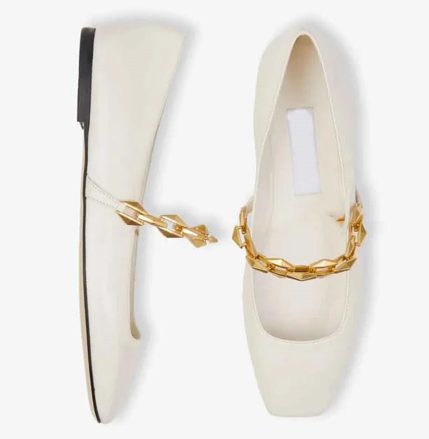 Mode kvinnor diamant tilda sandaler skor nappa läder med gols kedja strap fyrkantig tå platt vit svart komfort lady casual promenad eu35-43