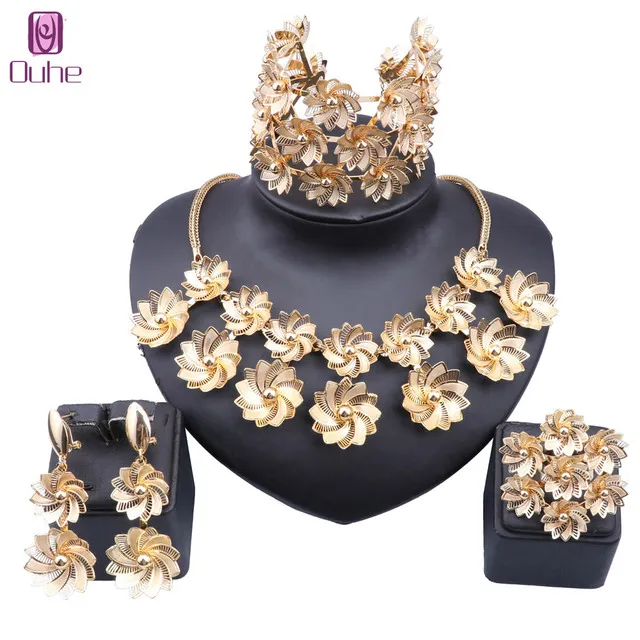 Mode Bruids Dubai Goud Kleur Sieraden Sets Voor Vrouwen Kostuum Ketting Bangle Ring Oorbellen Nigeriaanse Bruiloft Afrikaanse Sieraden