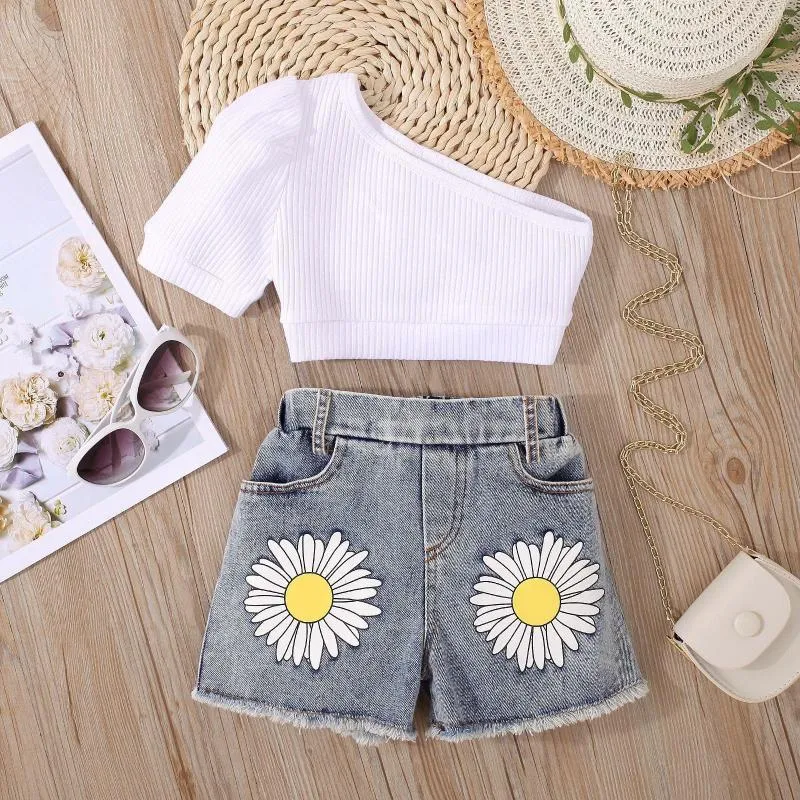 Ensembles de vêtements bébé enfant en bas âge enfants ensemble col oblique chemises blanches imprimé fleur denim shorts 2 pièces enfants filles costumes 3 4 5 6 7 ans