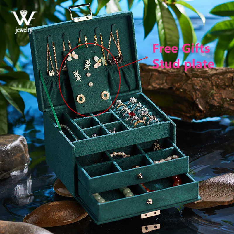 Boîte à bijoux Portable en flanelle verte à trois couches, organisateur de verrouillage, rangement de boucles d'oreilles, affichage de colliers pour femmes, cadeaux 230814