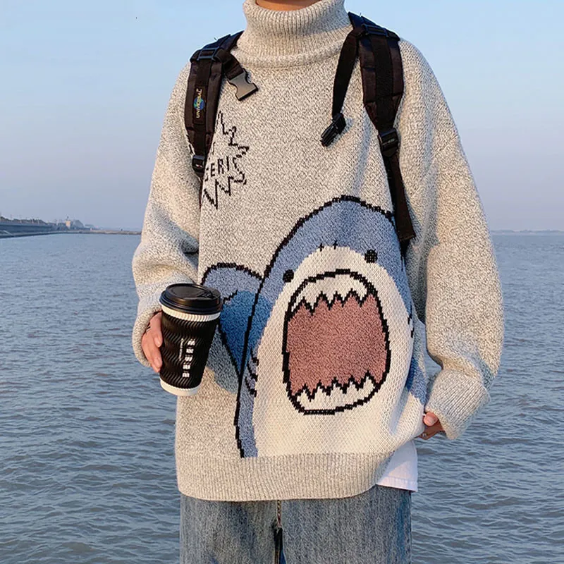 Men's Sweaters Y2K Men Turtlenecks Shark Sweater Men Winter Patchwor Harajuku Korean Style High Neck Oversized Grey Turtleneck For Men 230901