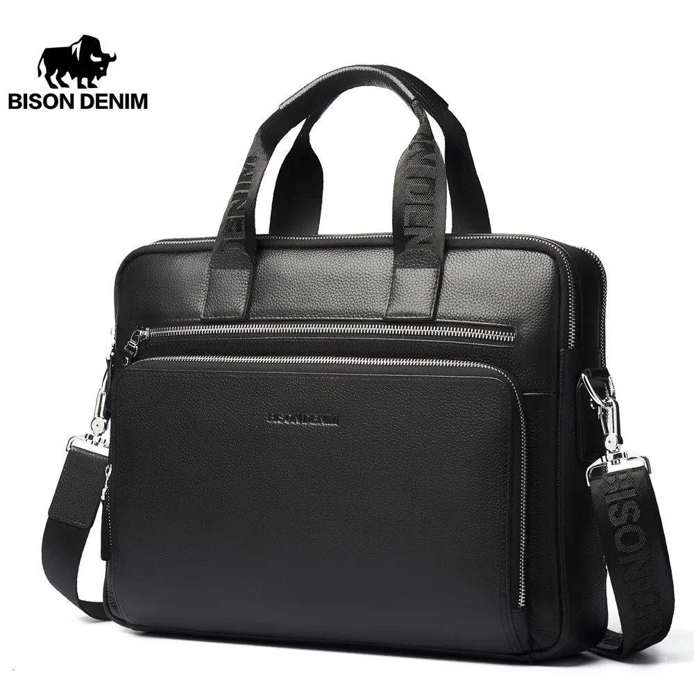 Briefcases BISON DENIM Men Bag Genuine Leather Briefcases14" Laptop Men's Business Crossbody MessengerShoulder For Man N23333 230901