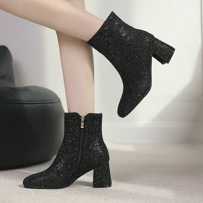 2023 Fashion High Heels Boots Women Winter Shoes Warm Fur Women Snow Boots  Elegant Ladies Ankle Botas Square Heels Color Black Shoe Size 38