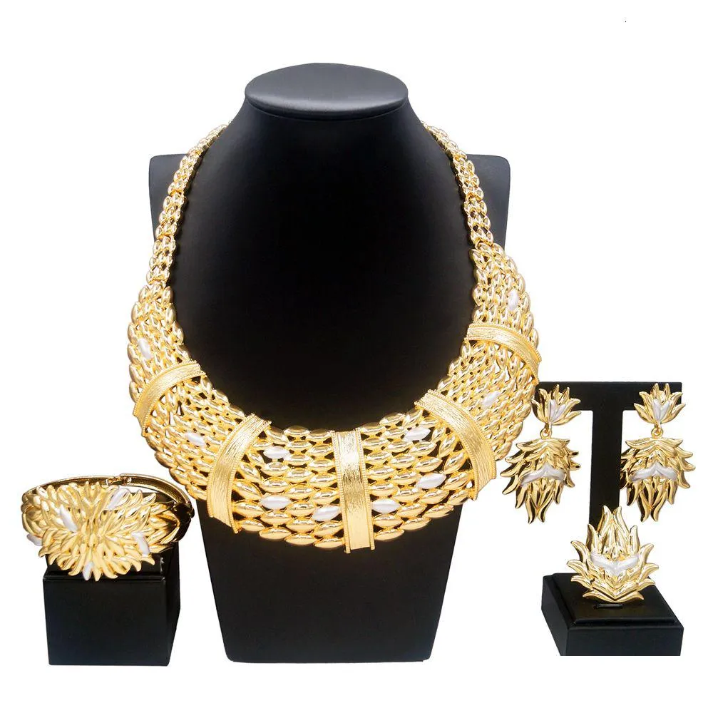 Jewelry Sets Woman Set Italian Gold Plated Big Necklace Bracelet Ring Luxury Hollow Out Round Pendant Banquet Party Favors Drop Deliv Dhzpo